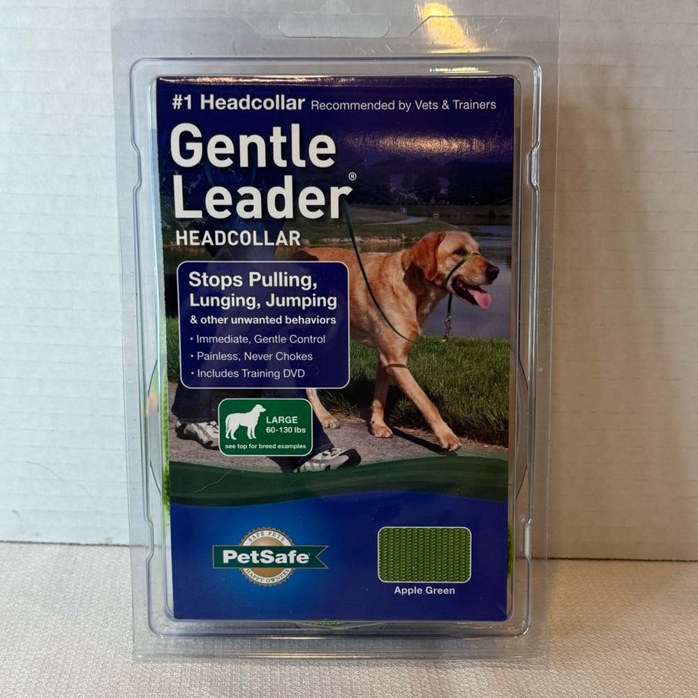 New PetSafe Gentle Leader Headcollar Apple Green Large 60-130 LBS, Training DVD